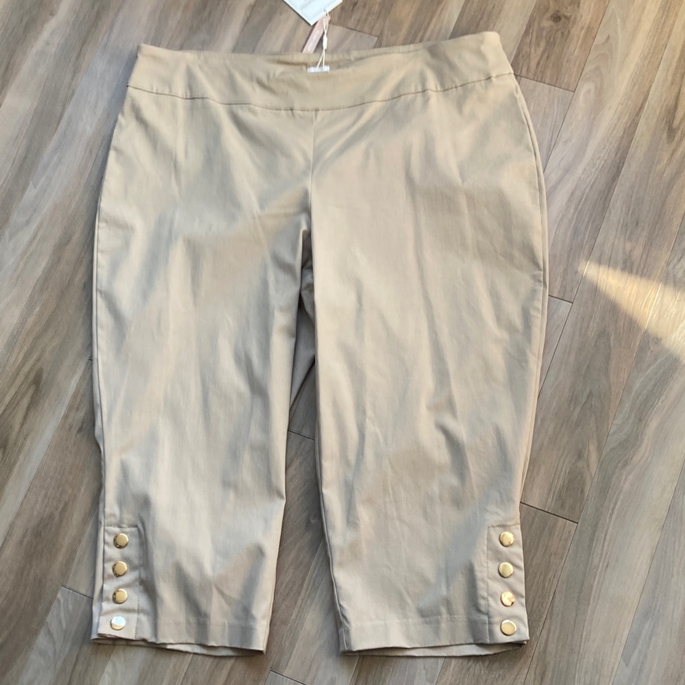Zac & Rachel tan slim crop pull on pant with stretch & metallic accents 24W